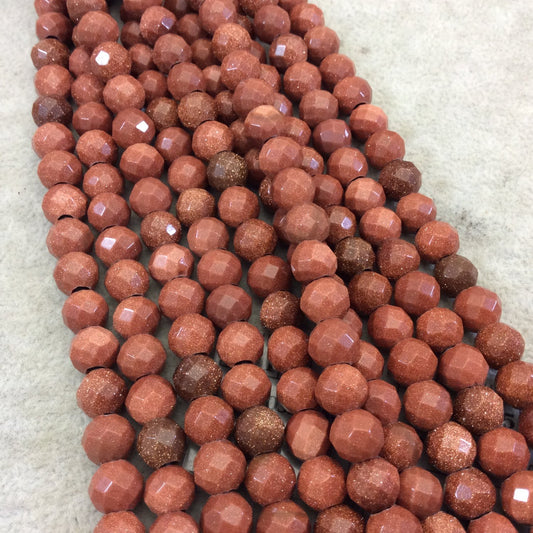 8mm Manmade Goldstone (Glass) Faceted Finish Round/Ball Shaped Beads with 2.5mm Holes - 7.75" Strand (Approx. 25 Beads) - LARGE HOLE BEADS