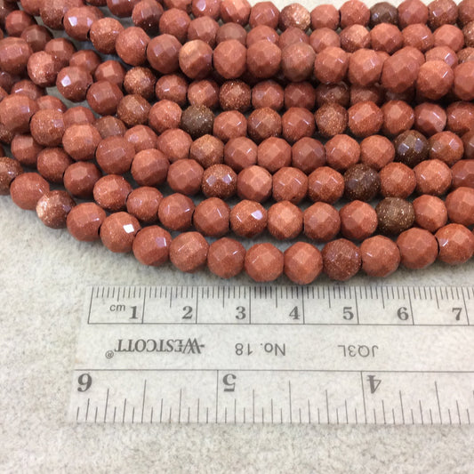 8mm Manmade Goldstone (Glass) Faceted Finish Round/Ball Shaped Beads with 2.5mm Holes - 7.75" Strand (Approx. 25 Beads) - LARGE HOLE BEADS