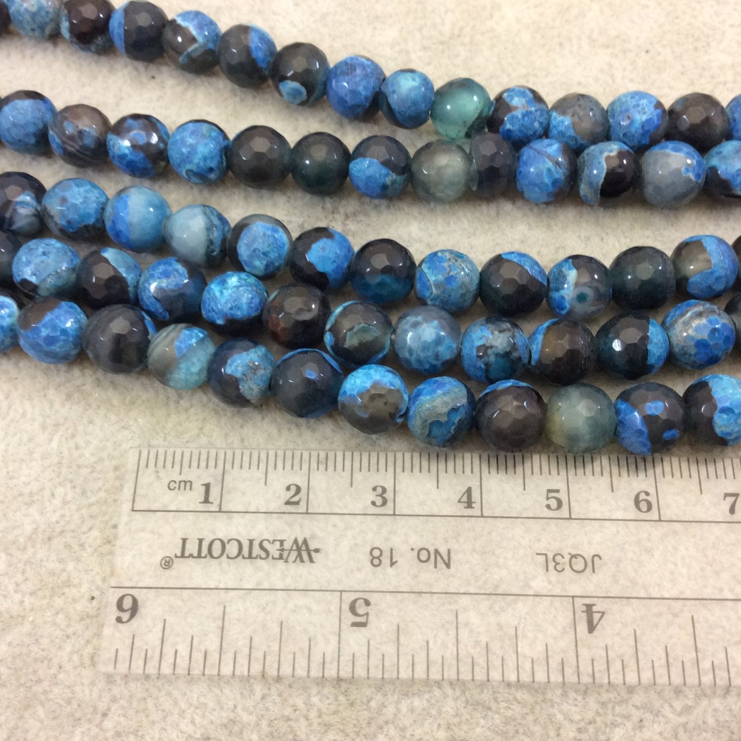 8mm Dyed Bright Blue/Black Natural Agate Faceted Round/Ball Beads with 2.5mm Holes - 7.75" Strand (Approx. 25 Beads) - LARGE HOLE BEADS