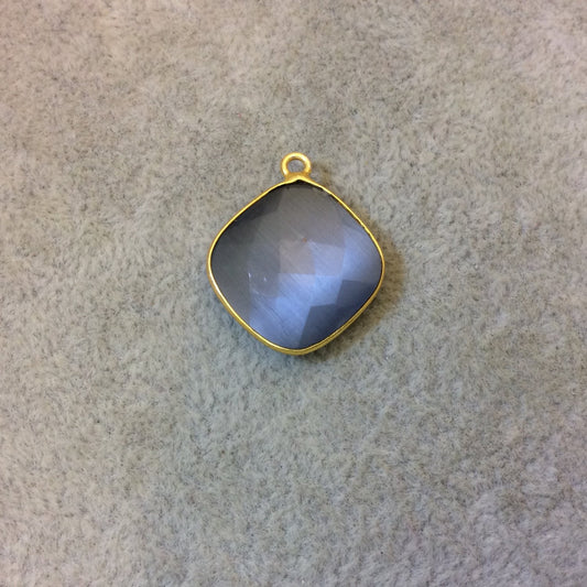 Gold Plated Faceted Synthetic Gray Cat's Eye (Manmade Glass) Diamond Shaped Bezel Pendant - Measuring 18mm x 18mm - Sold Individually