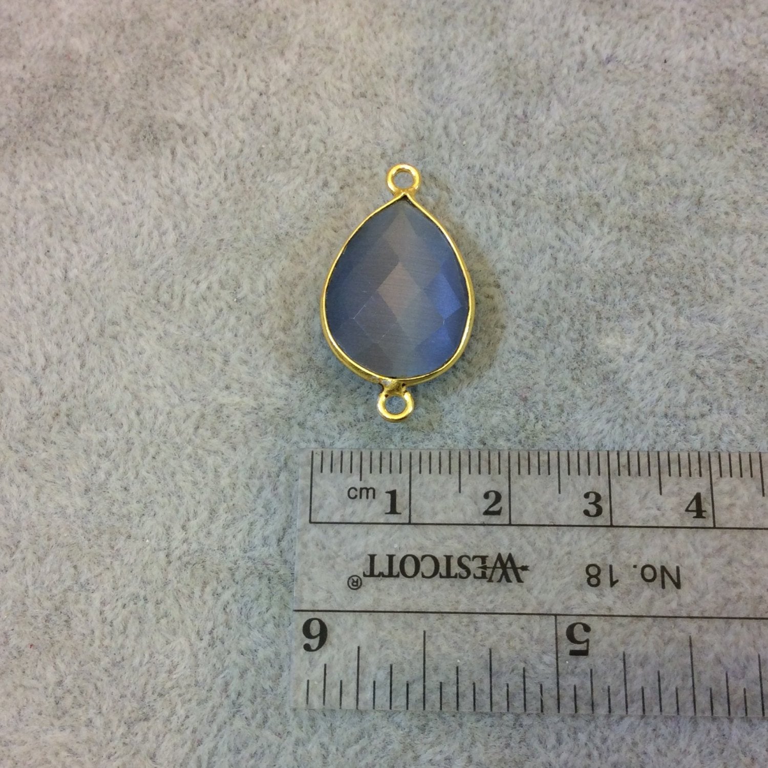 Gold Plated Faceted Synthetic Gray Cat's Eye (Manmade Glass) Pear/Teardrop Shape Bezel Connector - Measuring 15mm x 20mm - Sold Individually