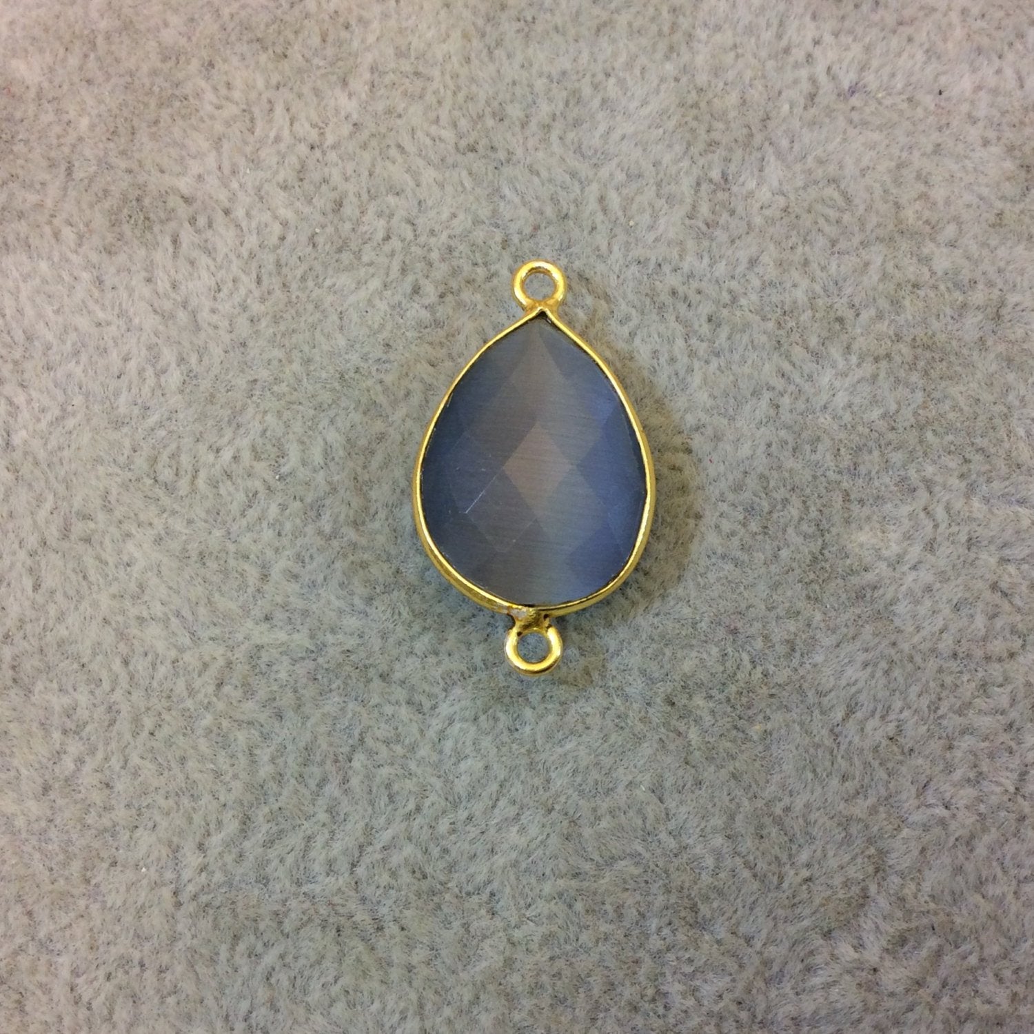 Gold Plated Faceted Synthetic Gray Cat's Eye (Manmade Glass) Pear/Teardrop Shape Bezel Connector - Measuring 15mm x 20mm - Sold Individually