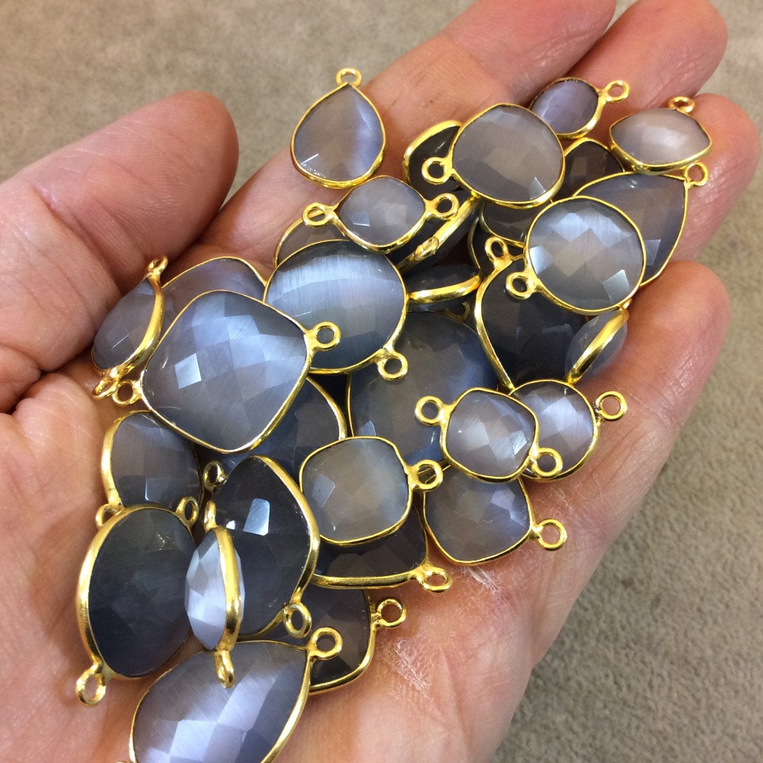 Gold Plated Faceted Synthetic Gray Cat's Eye (Manmade Glass) Pear/Teardrop Shape Bezel Connector - Measuring 15mm x 20mm - Sold Individually