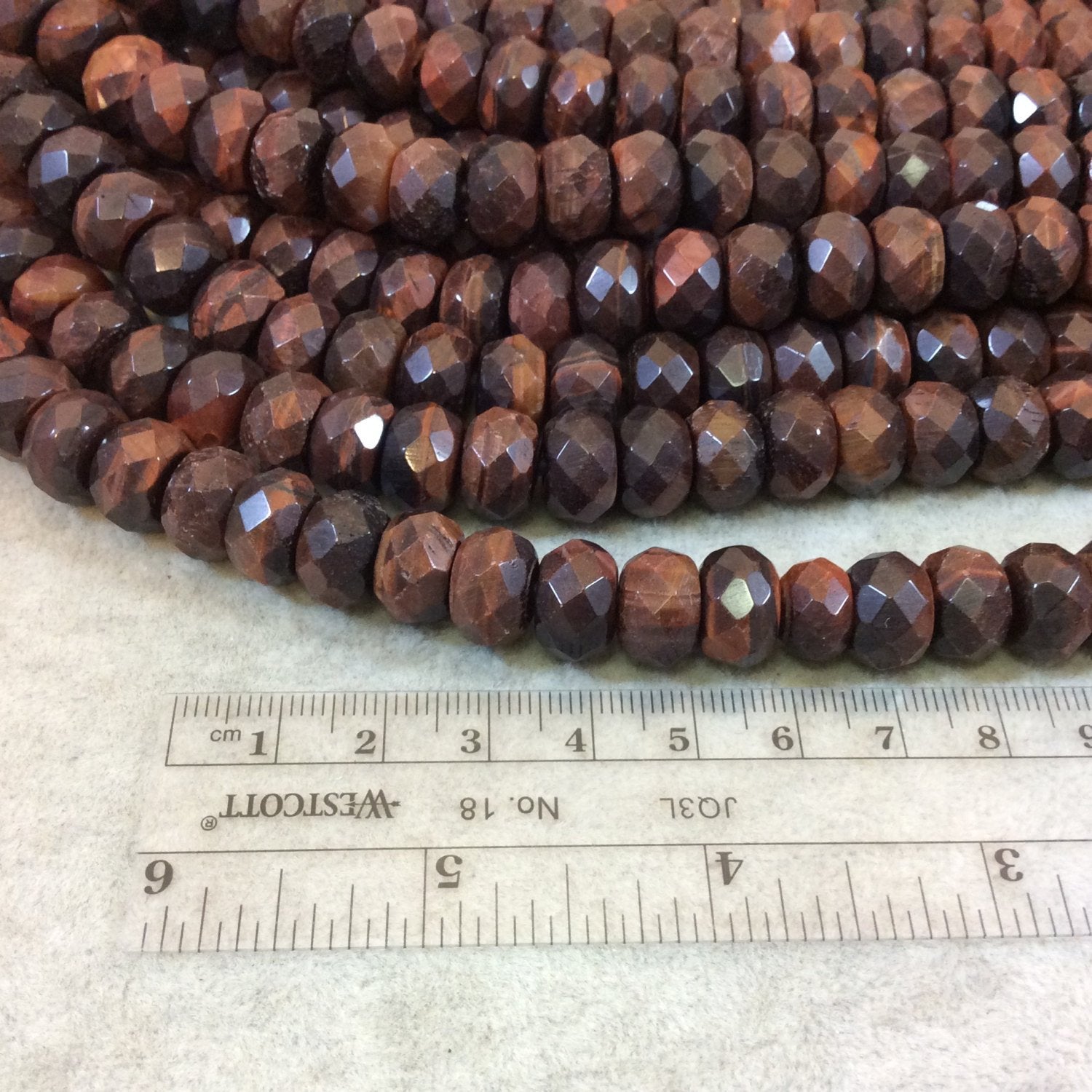 8mm x 12mm Natural Red Tiger Eye Faceted Rondelle Shaped Beads with 2.5mm Holes - 7.75" Strand (Approx. 25 Beads) - LARGE HOLE BEADS