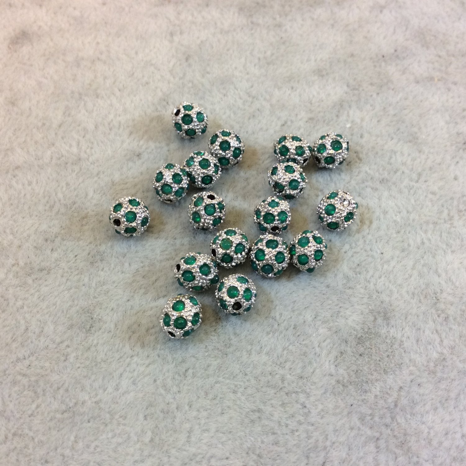 6mm Pave Style Green Glass Encrusted Silver Plated Round/Ball Shaped Beads with 1mm Holes - Sold Individually - Elegant Metal Beads