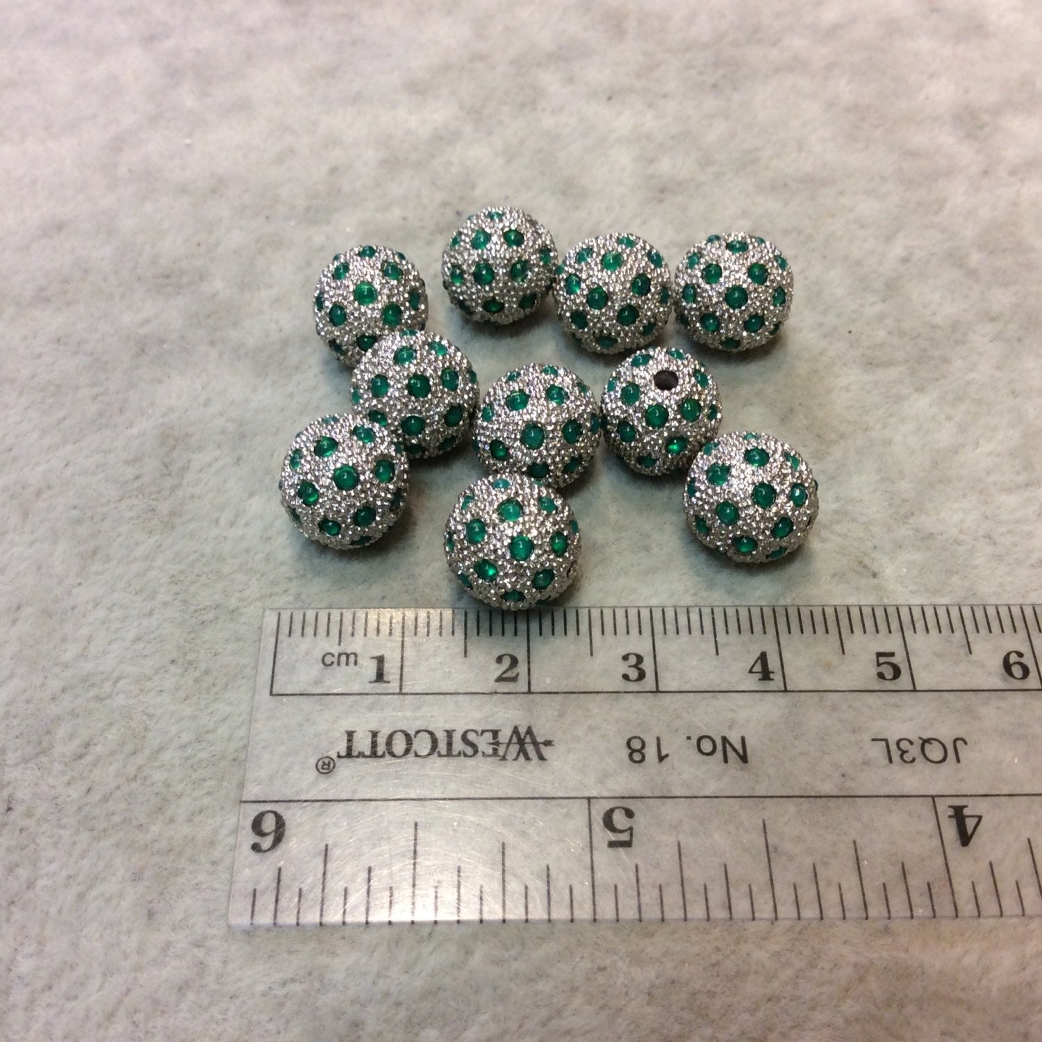 11mm Pave Style Green Glass Encrusted Silver Plated Round/Ball Shaped Beads with 1.5mm Holes - Sold Individually - Elegant Metal Beads