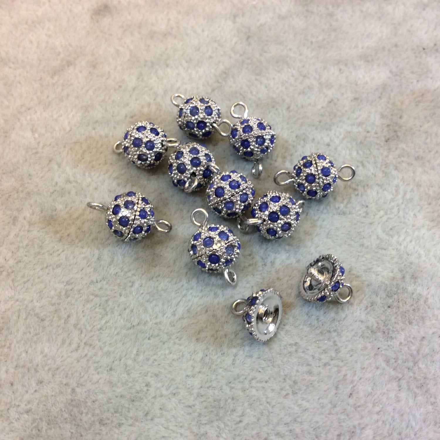 9mm Pave Style Blue Glass Encrusted Silver Plated Round/Ball Shaped Threaded Twist Clasps- Sold Individually - Elegant and Classy