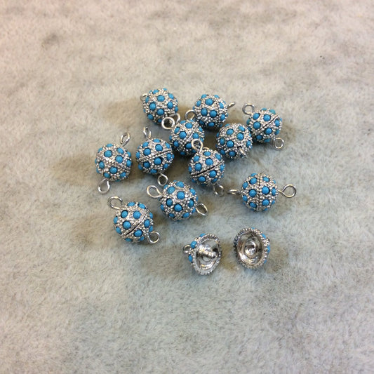 9mm Pave Style Turquoise Howlite Encrusted Silver Plated Round/Ball Shaped Threaded Twist Clasps- Sold Individually - Elegant and Classy