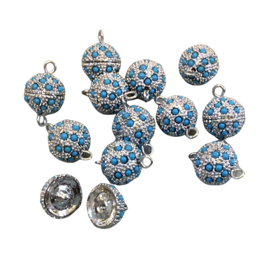 11mm Pave Style Turquoise Howlite Encrusted Silver Plated Round/Ball Shaped Threaded Twist Clasps- Sold Individually - Elegant and Classy