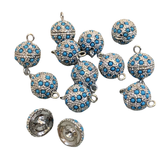 11mm Pave Style Turquoise Howlite Encrusted Silver Plated Round/Ball Shaped Threaded Twist Clasps- Sold Individually - Elegant and Classy