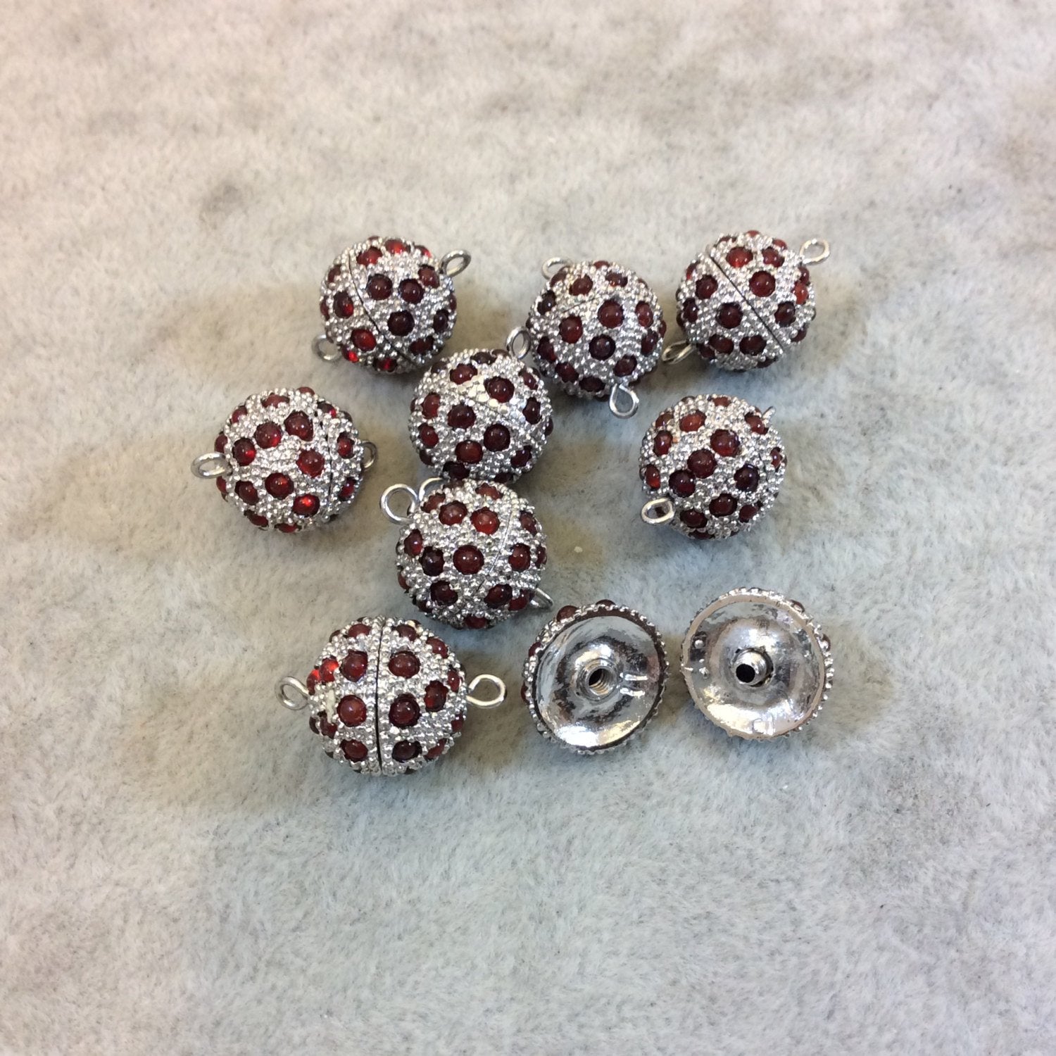 13mm Pave Style Red Glass Encrusted Silver Plated Round/Ball Shaped Threaded Twist Clasps- Sold Individually - Elegant and Classy