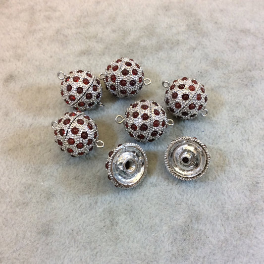 15mm Pave Style Red Glass Encrusted Silver Plated Round/Ball Shaped Threaded Twist Clasps- Sold Individually - Elegant and Classy