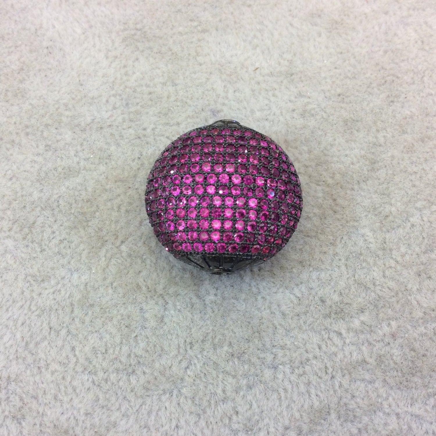 Gunmetal Plated Fuchsia CZ Cubic Zirconia Inlaid Puffed Coin Shaped Copper Bead - Measuring 25mm x 25mm  - See Related for Other Colors!