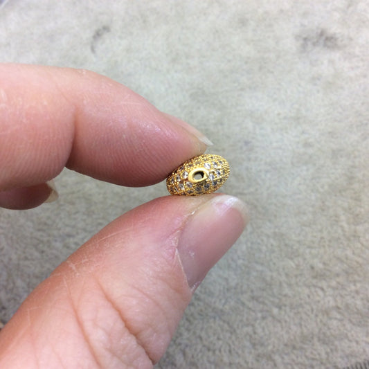 Gold Plated White CZ Cubic Zirconia Inlaid Puffed Oval Shaped Copper Bead - Measuring 11mm x 15mm  - See Related for Other Colors!