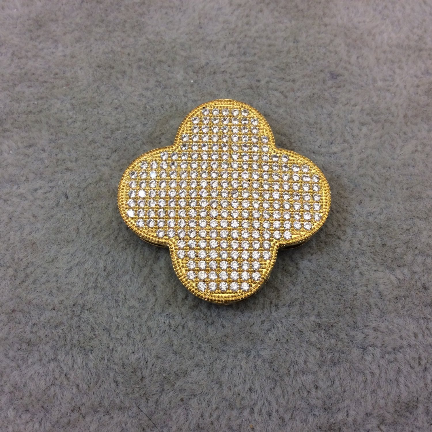 Gold Plated White CZ Cubic Zirconia Inlaid Flat Open Backed Quatrefoil/Clover Shaped Copper Slider with 2mm Hole - Measuring 32mm x 32mm