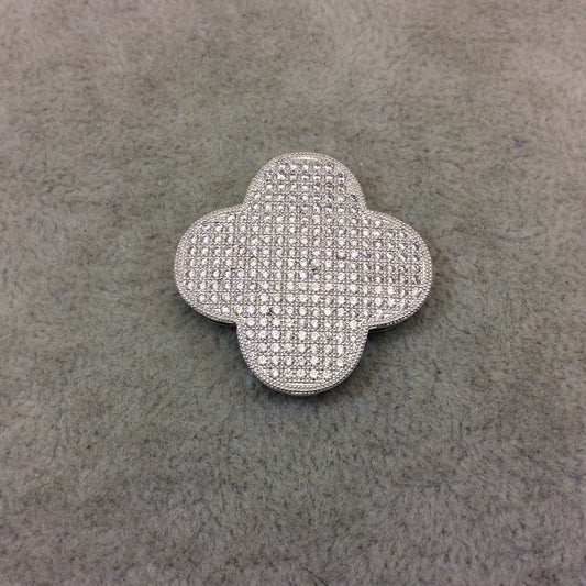 Silver Plated White CZ Cubic Zirconia Inlaid Flat Open Backed Quatrefoil/Clover Shaped Copper Slider with 2mm Hole - Measuring 32mm x 32mm