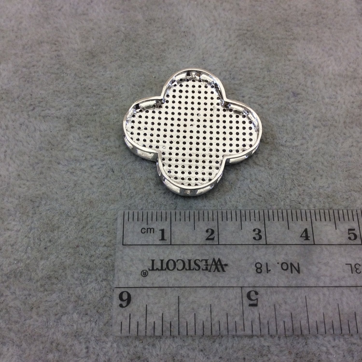 Silver Plated White CZ Cubic Zirconia Inlaid Flat Open Backed Quatrefoil/Clover Shaped Copper Slider with 2mm Hole - Measuring 32mm x 32mm