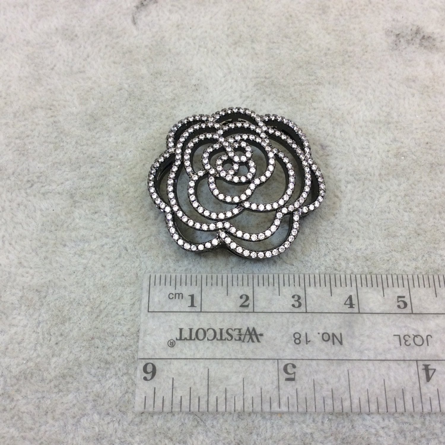 Gunmetal Plated White CZ Cubic Zirconia Inlaid Flat Open Backed Rose Blossom Shaped Copper Slider with 2mm Hole - Measuring 36mm x 36mm