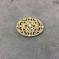 Gold Plated White CZ Cubic Zirconia Inlaid Flat Fancy/Ornate Open Oblong Oval Shaped Copper Slider - Measuring 16mm x 35mm