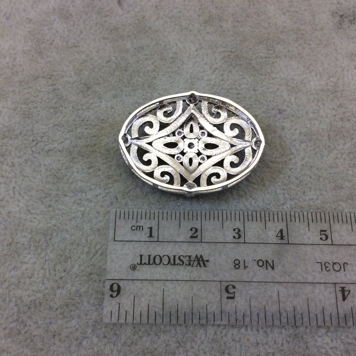 Silver Plated White CZ Cubic Zirconia Inlaid Flat Fancy/Ornate Open Oblong Oval Shaped Copper Slider - Measuring 16mm x 35mm