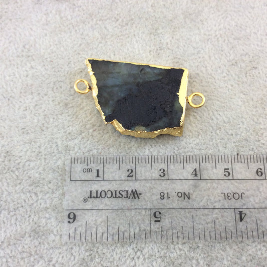 OOAK Gold Plated MATTE Natural Raw Iridescent Rainbow Labradorite Freeform Shaped Slice Connector - Measuring 24mm x 34mm, Approximately