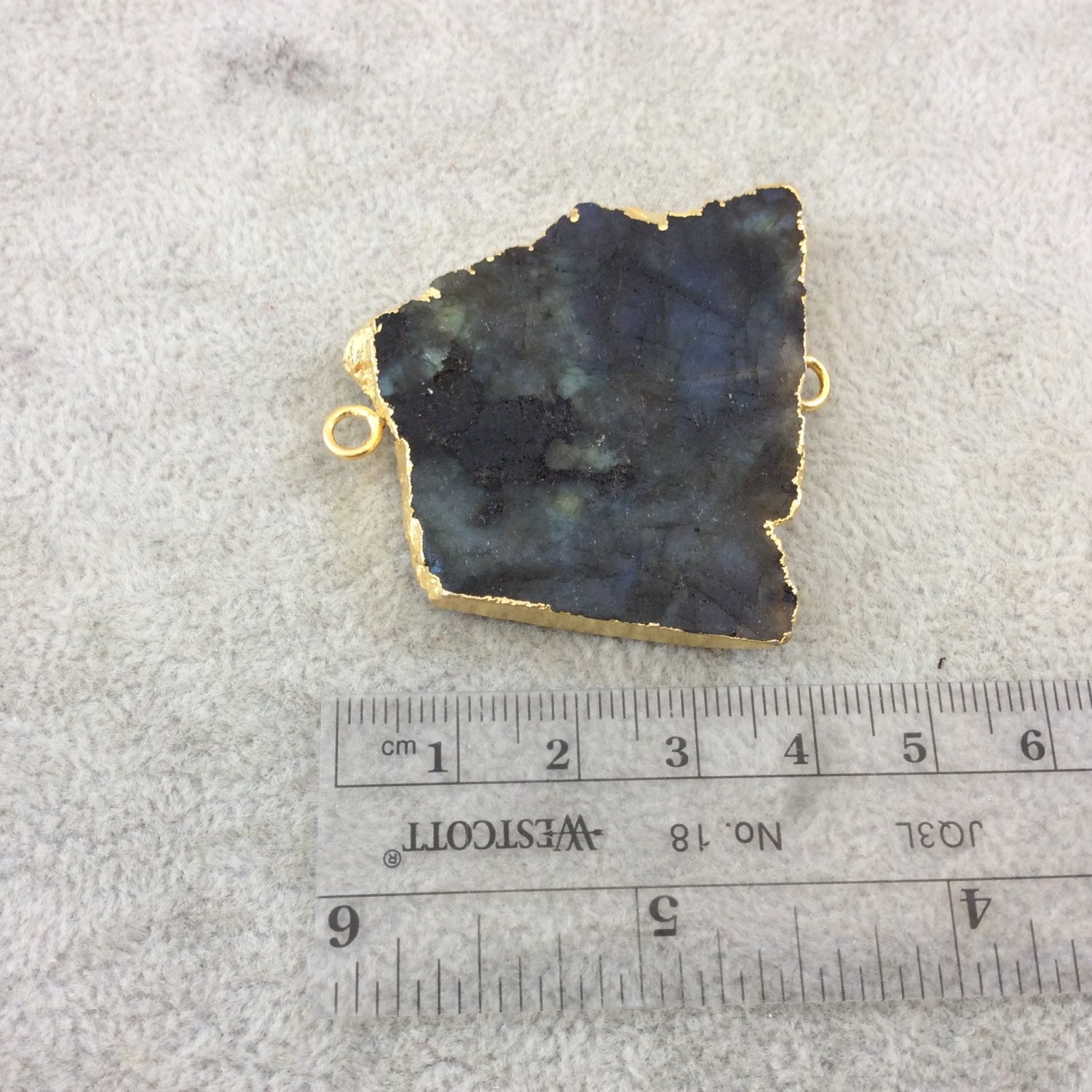 OOAK Gold Plated MATTE Natural Raw Iridescent Rainbow Labradorite Freeform Shaped Slice Connector - Measuring 43mm x 45mm, Approximately