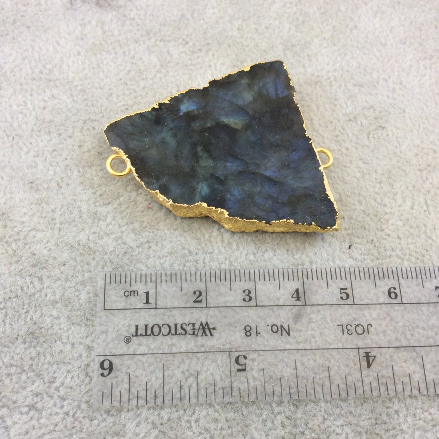 OOAK Gold Plated MATTE Natural Raw Iridescent Rainbow Labradorite Freeform Shaped Slice Connector - Measuring 42mm x 44mm, Approximately