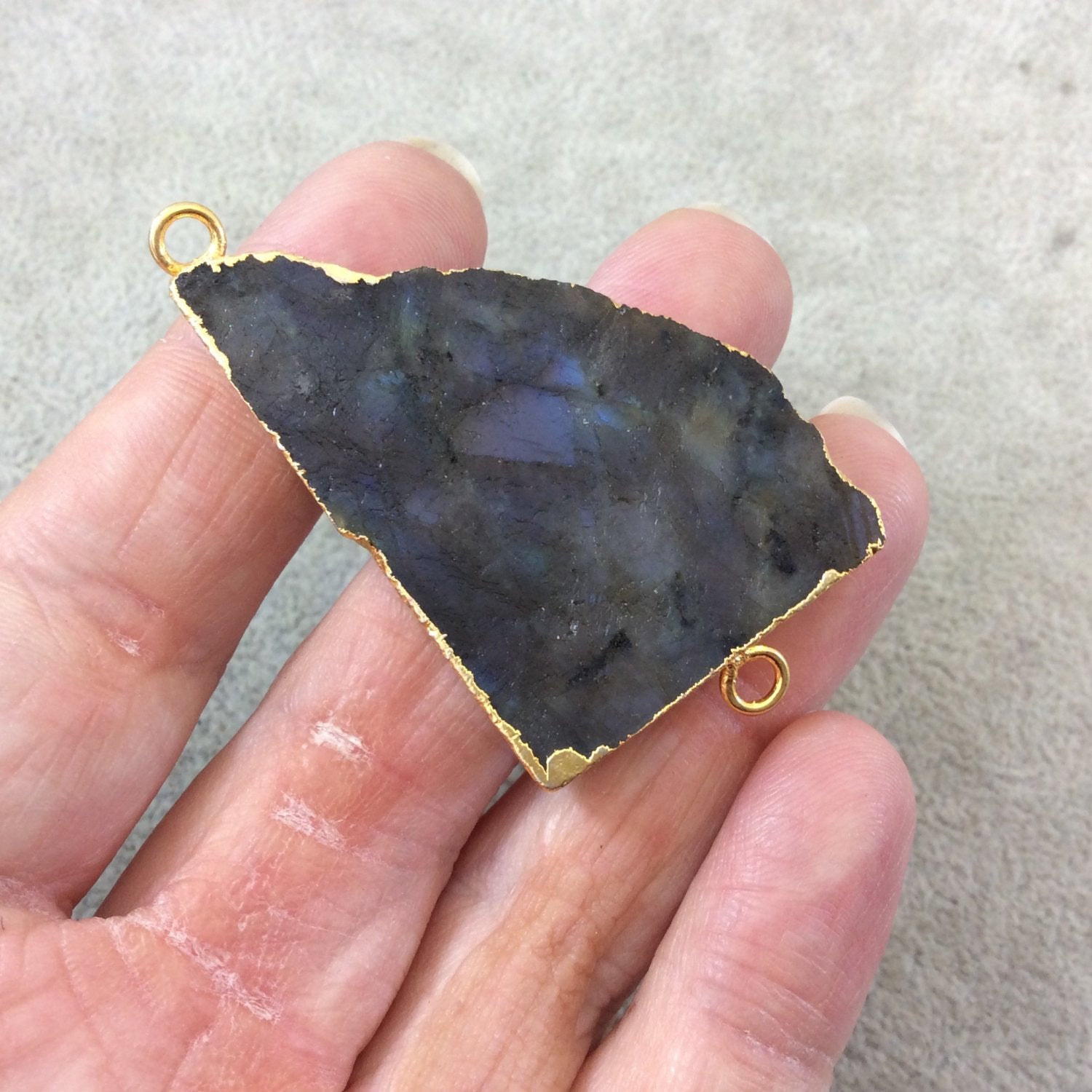 OOAK Gold Plated MATTE Natural Raw Iridescent Rainbow Labradorite Freeform Shaped Slice Connector - Measuring 34mm x 54mm, Approximately