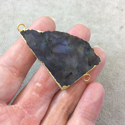 OOAK Gold Plated MATTE Natural Raw Iridescent Rainbow Labradorite Freeform Shaped Slice Connector - Measuring 34mm x 54mm, Approximately