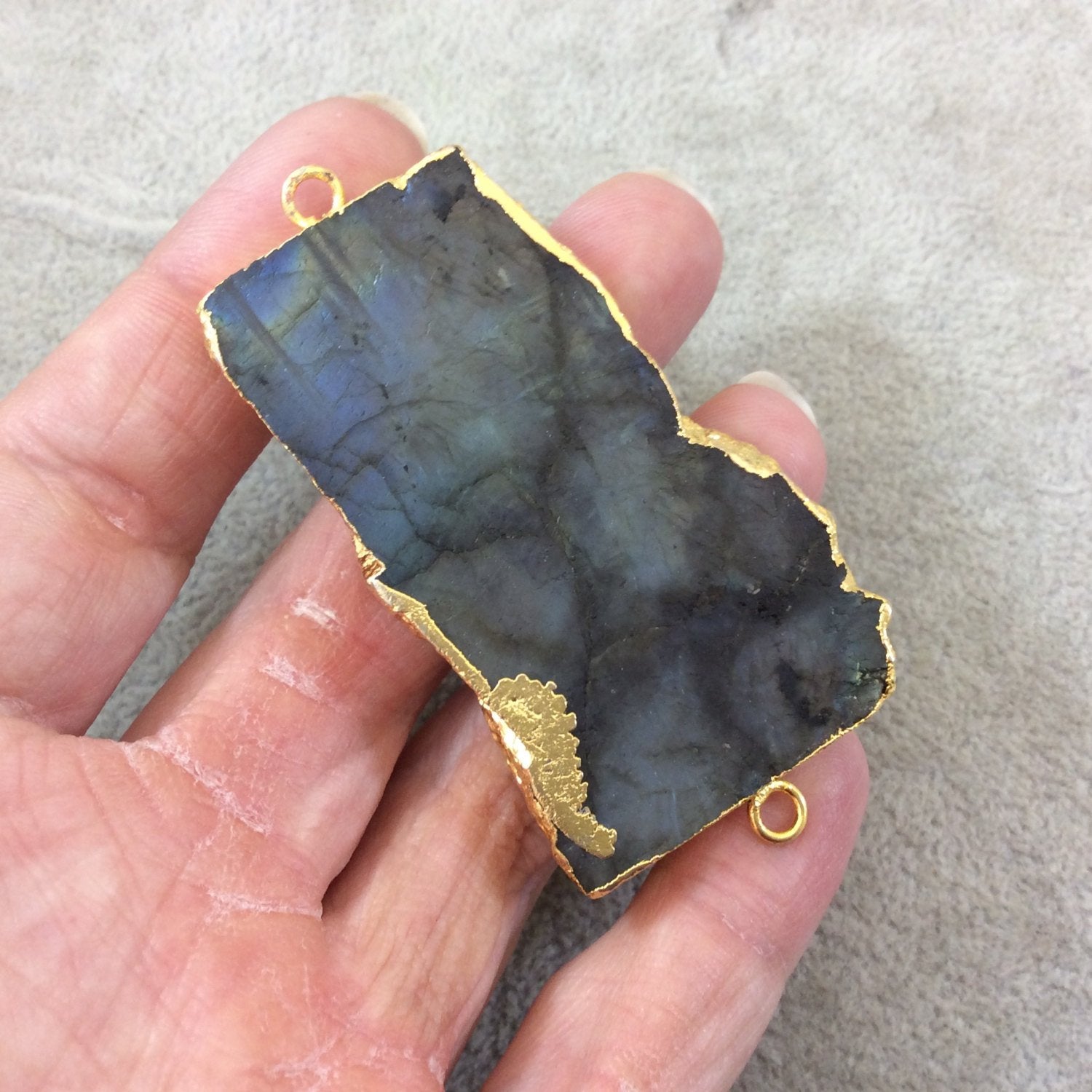 OOAK Gold Plated MATTE Natural Raw Iridescent Rainbow Labradorite Freeform Shaped Slice Connector - Measuring 36mm x 60mm, Approximately