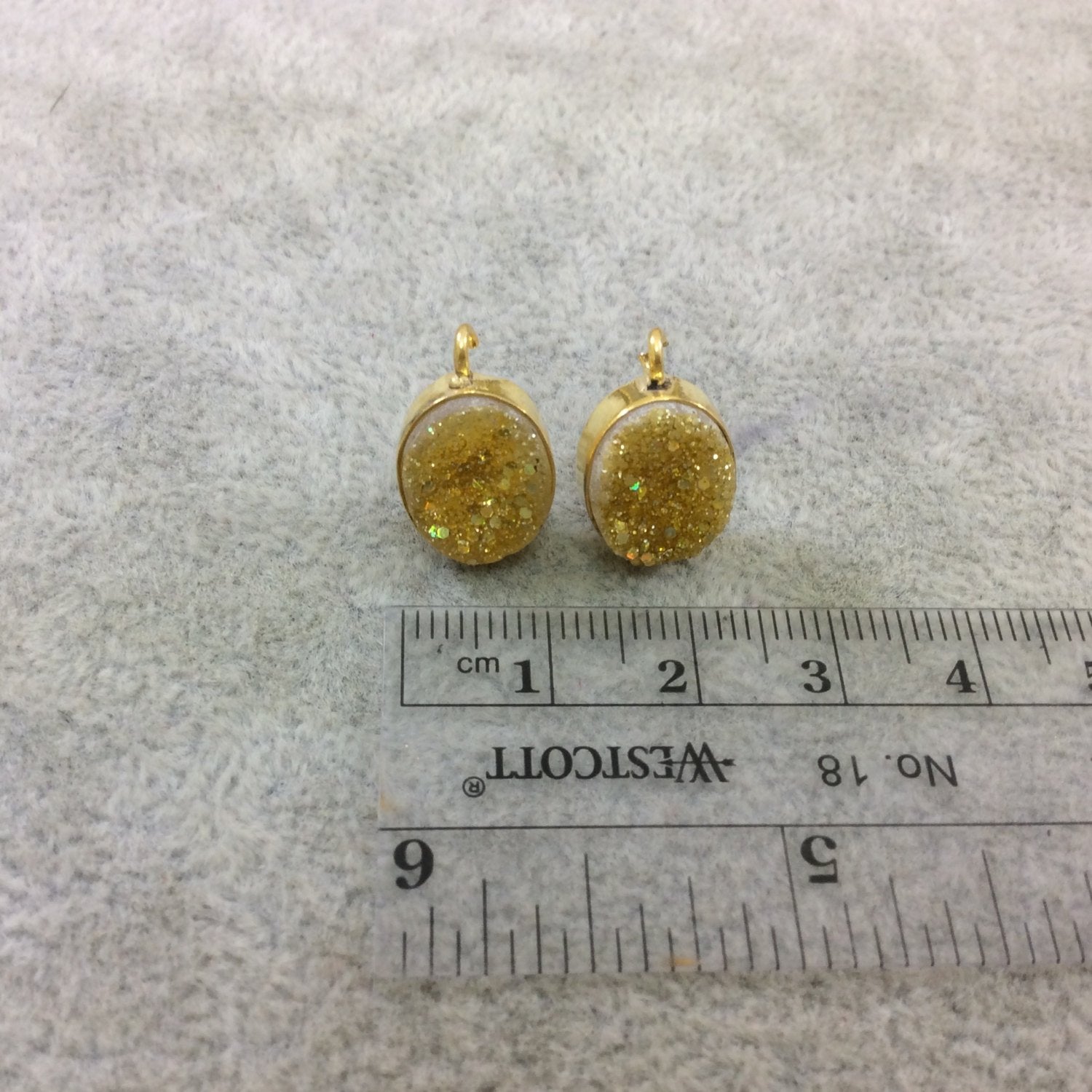 One Pair of Yellow Color Coated Natural Druzy Oval Shaped Gold Plated Stud Earrings with Attached Jump Rings - Measuring 10mm x 13mm