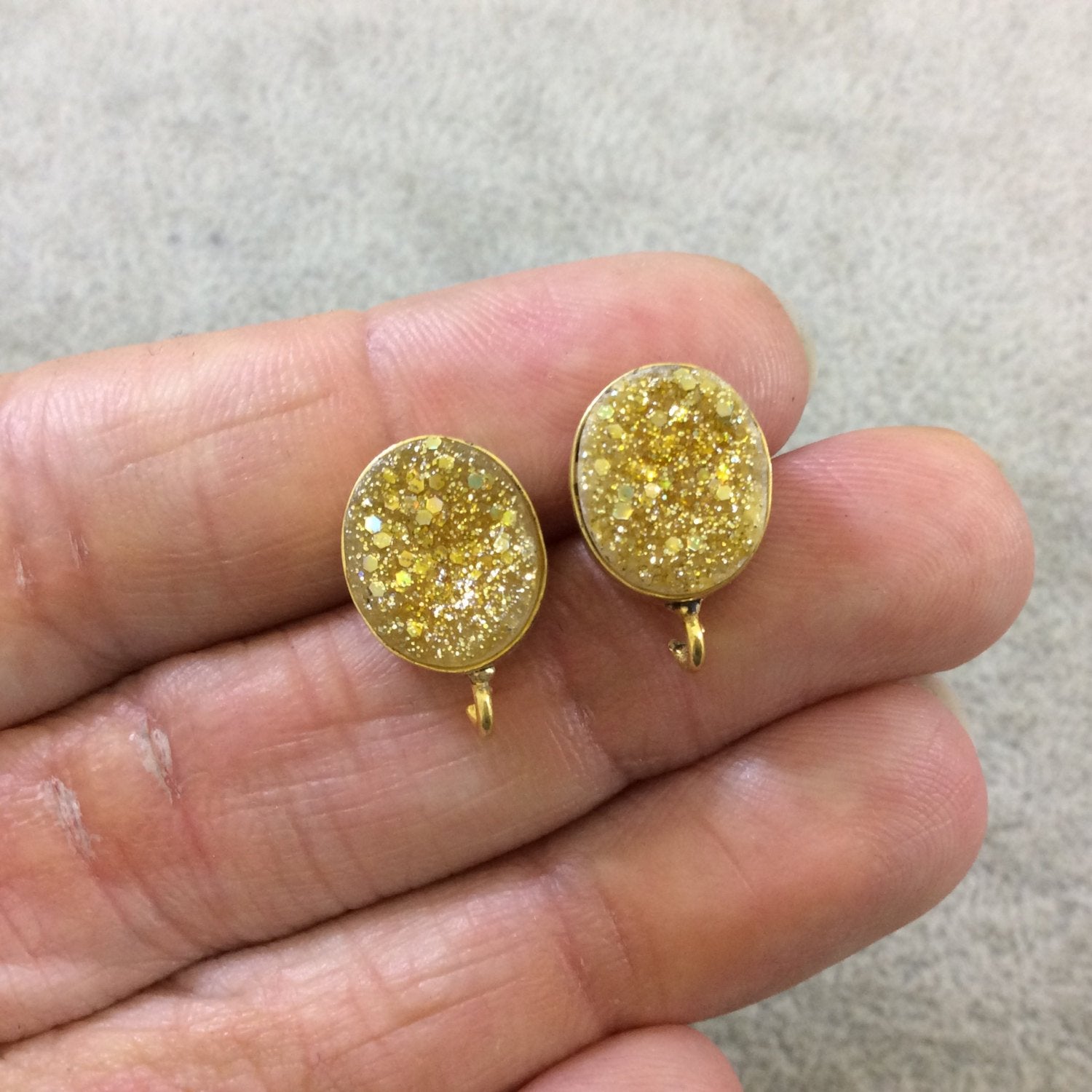 One Pair of Yellow Color Coated Natural Druzy Oval Shaped Gold Plated Stud Earrings with Attached Jump Rings - Measuring 10mm x 13mm