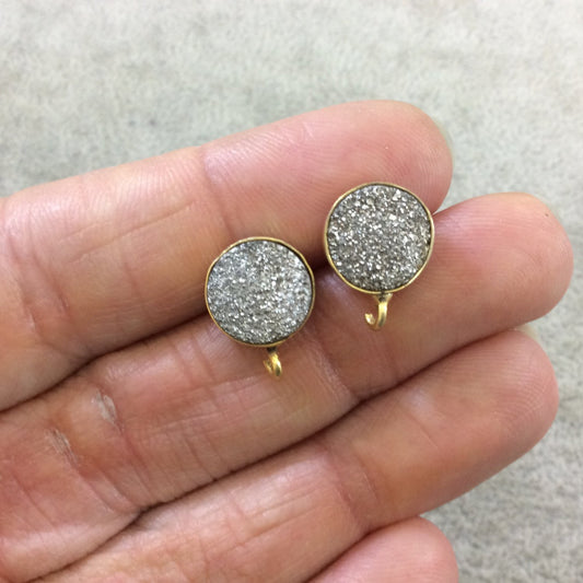 One Pair of Bright Silver Color Coated Natural Druzy Round Shaped Gold Plated Stud Earrings with Attached Jump Rings - Measuring 10mm x 10mm