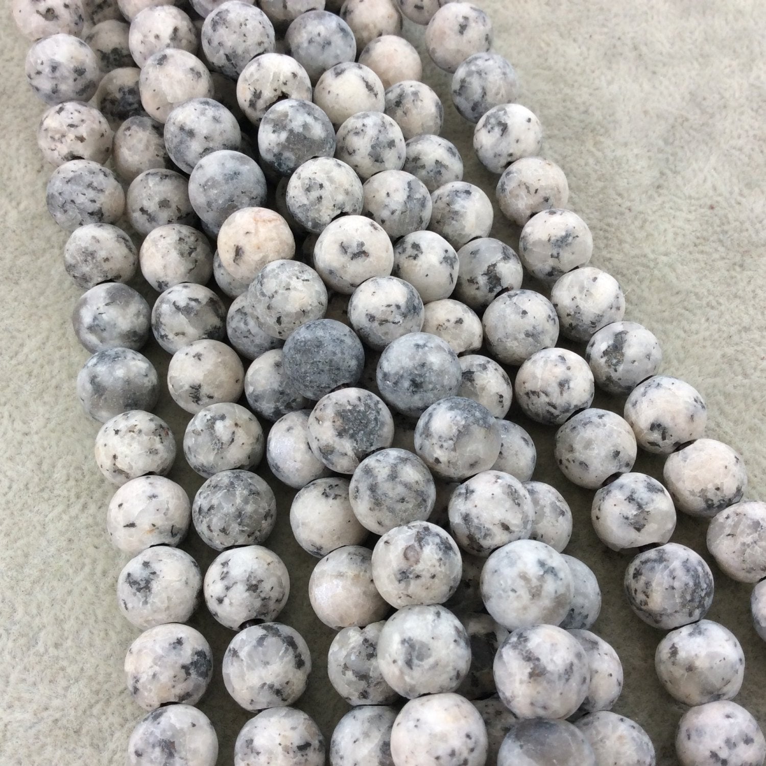 10mm Matte Finish Natural Granite/Feldspar Round/Ball Shaped Beads with 2mm Holes - 7.75" Strand (Approx. 20 Beads) - LARGE HOLE BEADS