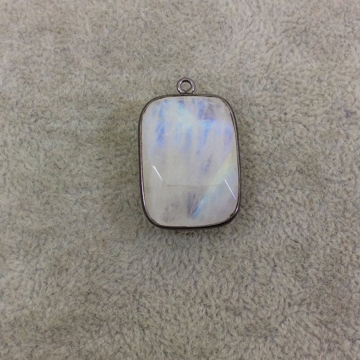 Gunmetal Plated Natural Moonstone Faceted Rectangle/Bar Shaped Copper Bezel Pendant - Measures 18mm x 25mm - Sold Individually, Random