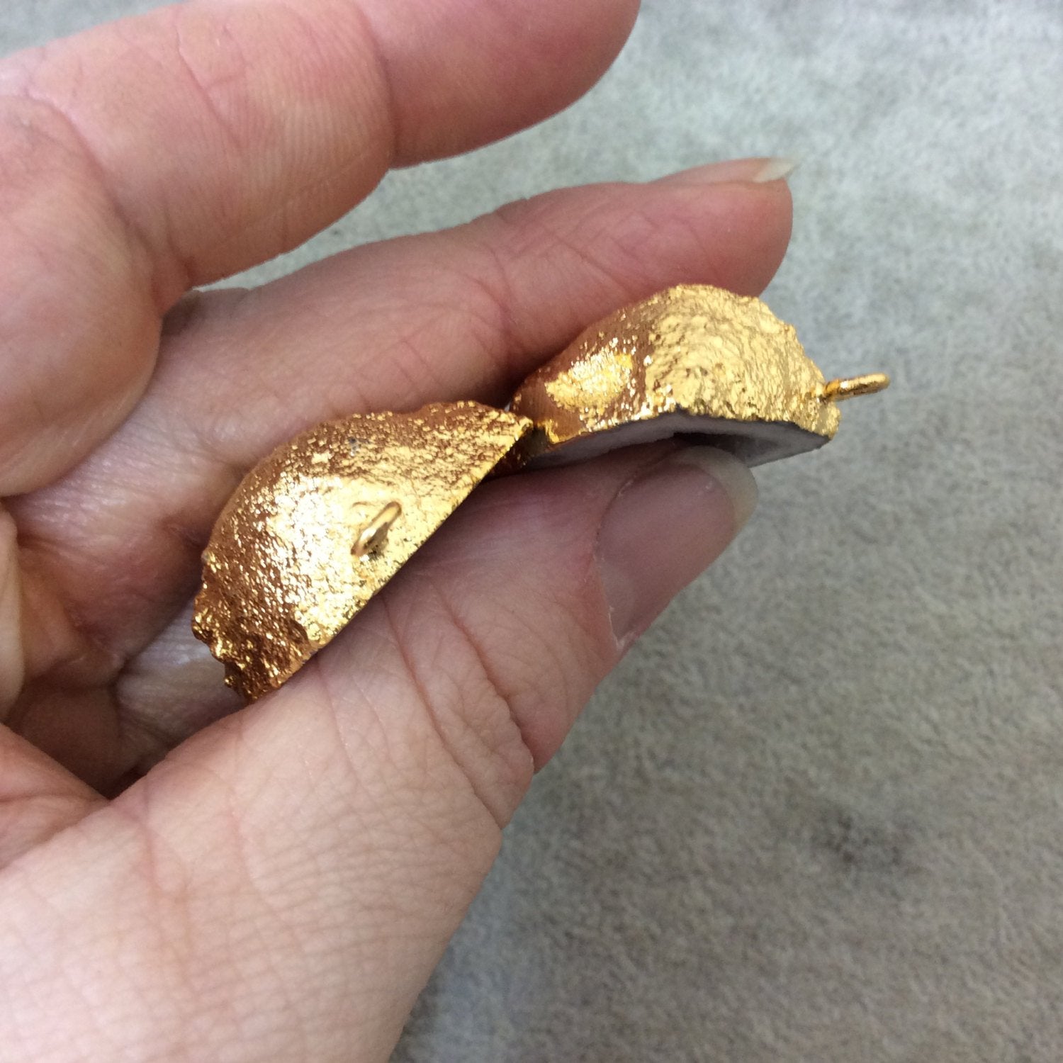 Pair of OOAK Gold Electroplated Natural Druzy Agate Geode Half Freeform Shaped Pendants - Measuring 28mm x 27mm - Unique, As Pictured