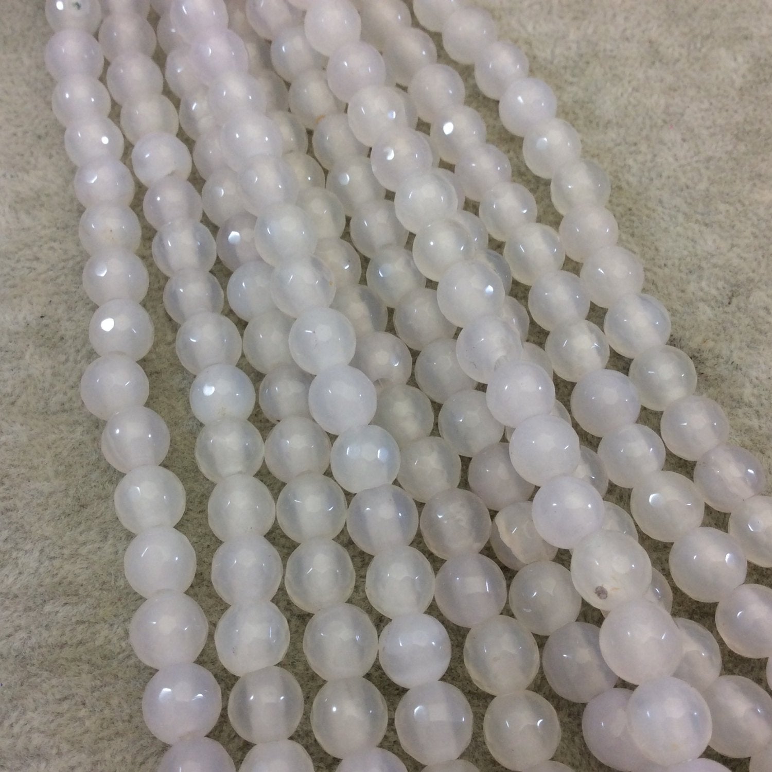 8mm Dyed White Natural Agate Faceted Round/Ball Shaped Beads with 1.5mm Holes - 7.75" Strand (Approx. 25 Beads) - LARGE HOLE BEADS