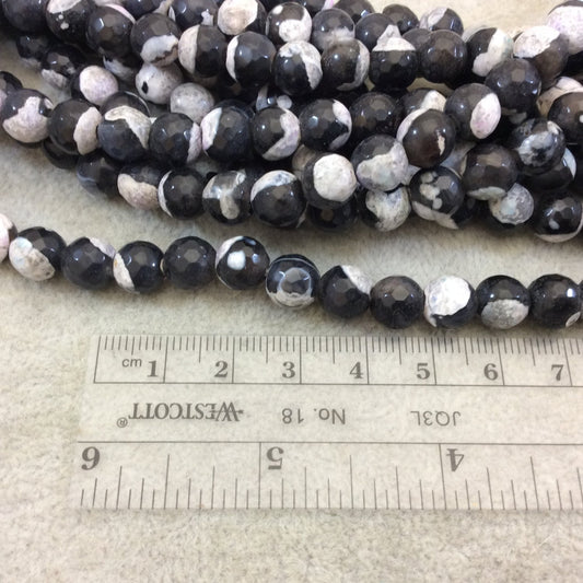 8mm Dyed Black/Cream/White Natural Agate Faceted Round/Ball Beads with 2.5mm Holes - 7.75" Strand (Approx. 25 Beads) - LARGE HOLE BEADS