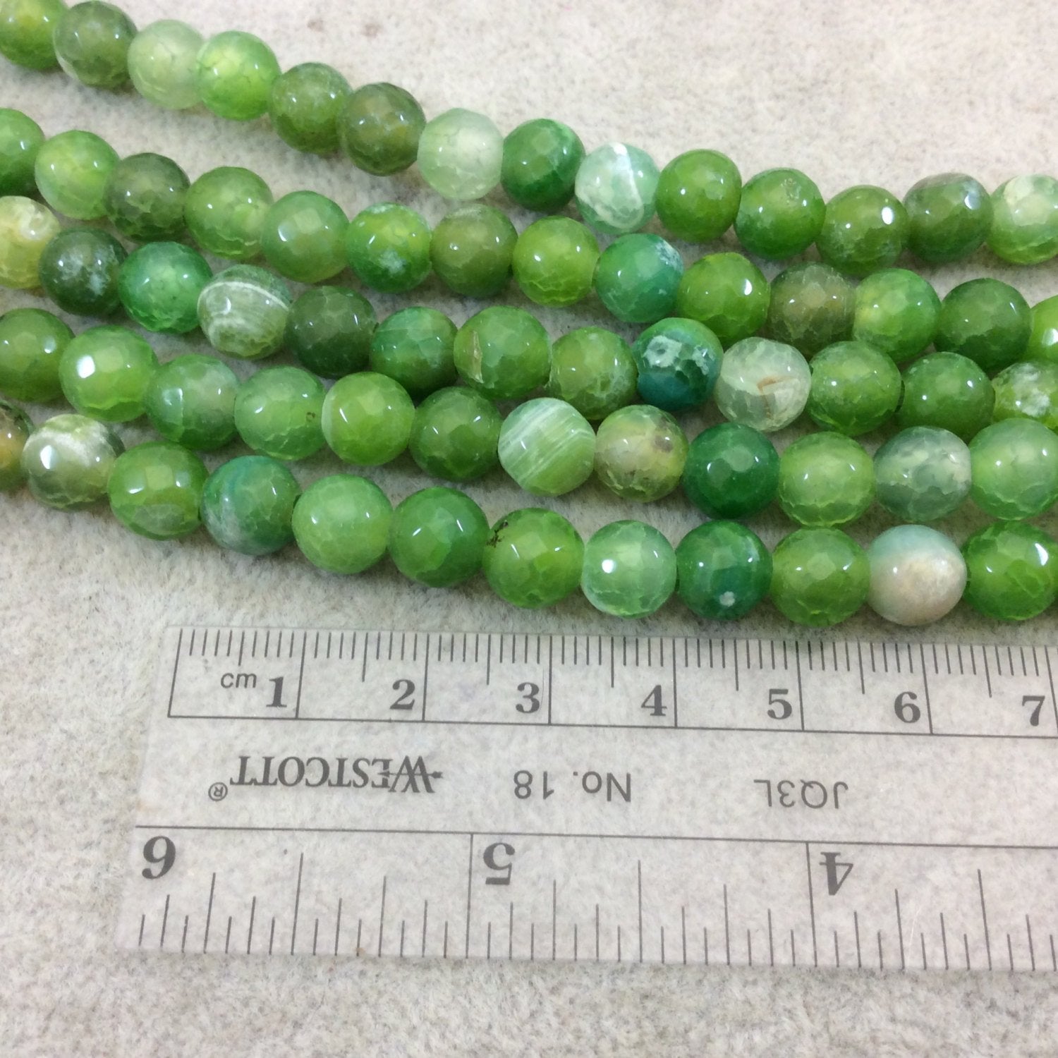 8mm Dyed Lime Green Natural Agate Faceted Round/Ball Shaped Beads with 2.5mm Holes - 7.75" Strand (Approx. 25 Beads) - LARGE HOLE BEADS