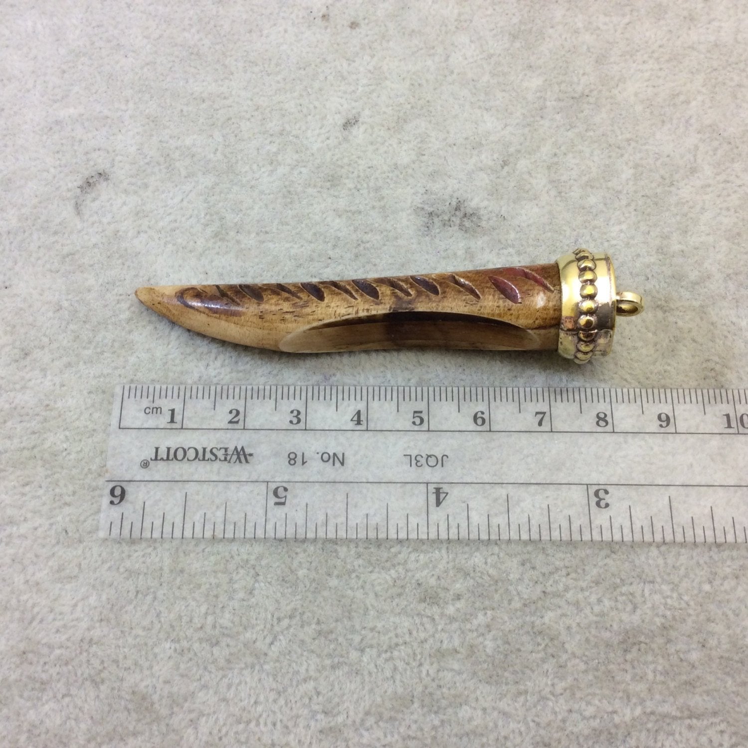 SALE 3" Warm Brown Curved Back Tusk/Claw Shaped Natural Ox Bone Pendant with Slashed Carvings and New Cap - Measuring 18mm x 75mm 