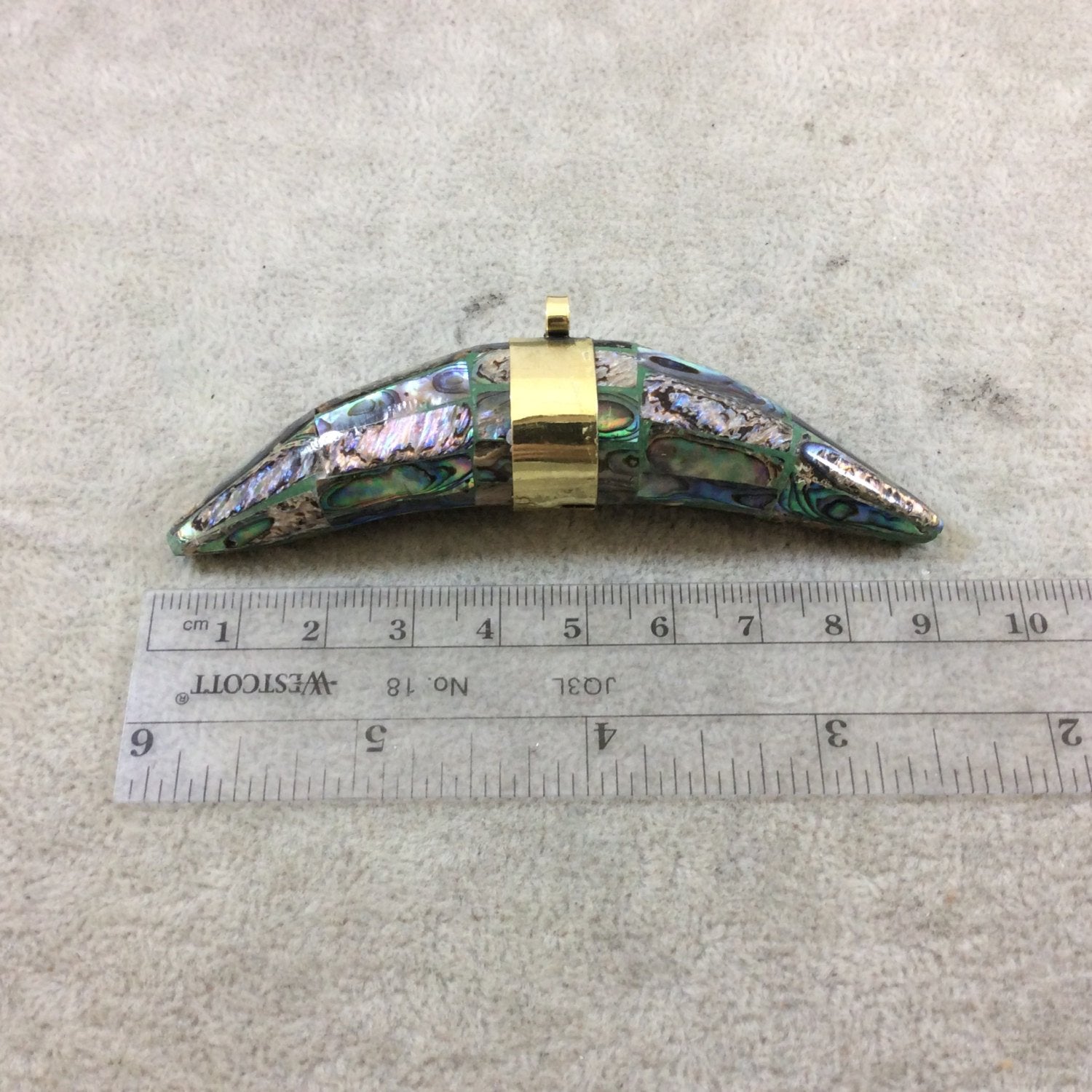 3.5" Rainbow Thick Banana Crescent Shaped Natural Abalone Pendant with Plain Gold Plated Bail - Measuring 95mm x 20mm - (TR114-RB)