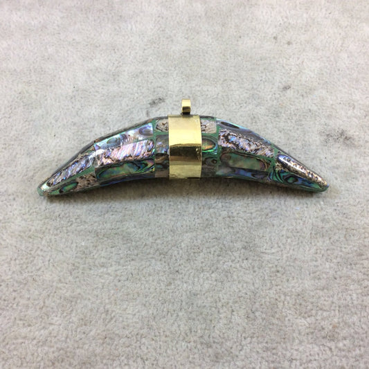 3.5" Rainbow Thick Banana Crescent Shaped Natural Abalone Pendant with Plain Gold Plated Bail - Measuring 95mm x 20mm - (TR114-RB)