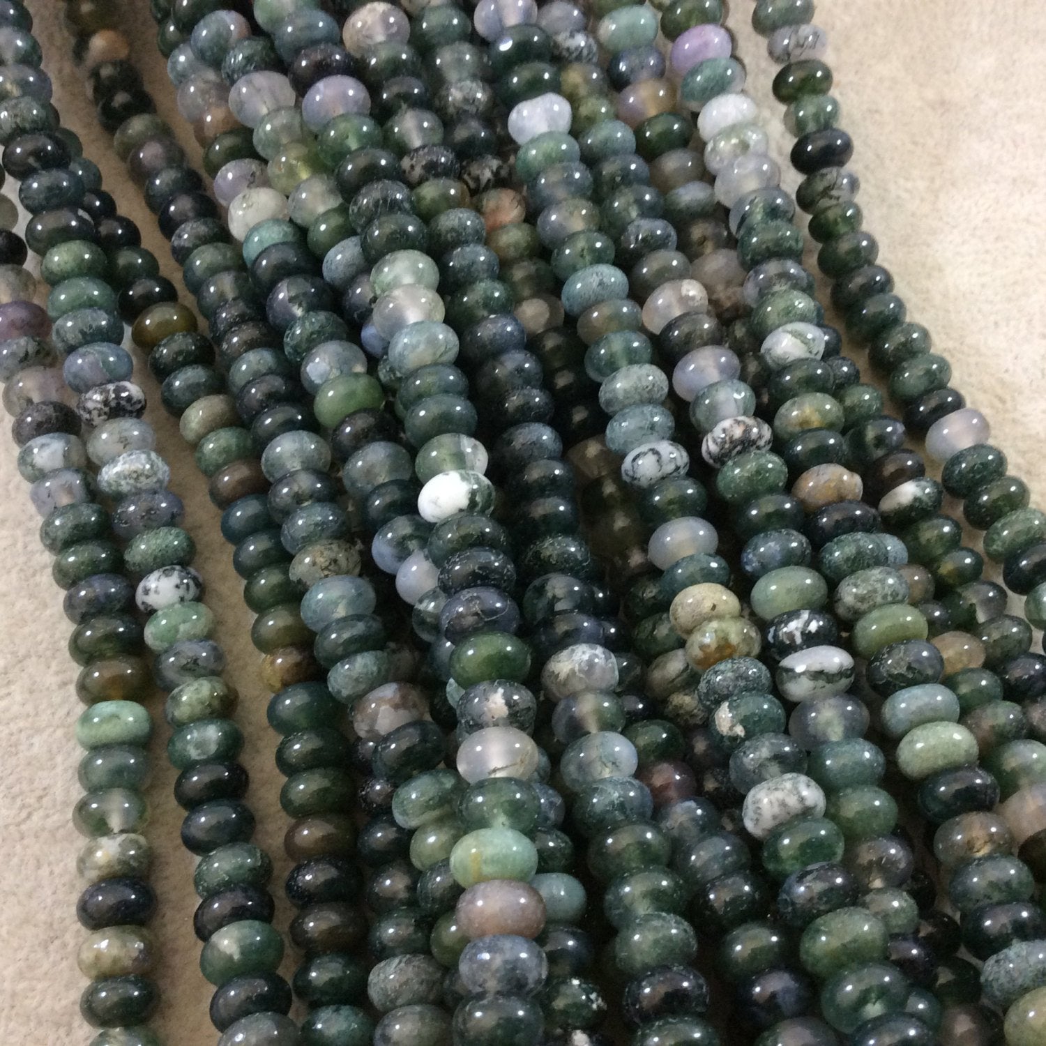 5mm x 8mm Smooth Finish Natural Green Moss Agate Rondelle Shaped Beads with 1mm Holes - Sold by 15.5" Strands (Approximately 80 Beads)