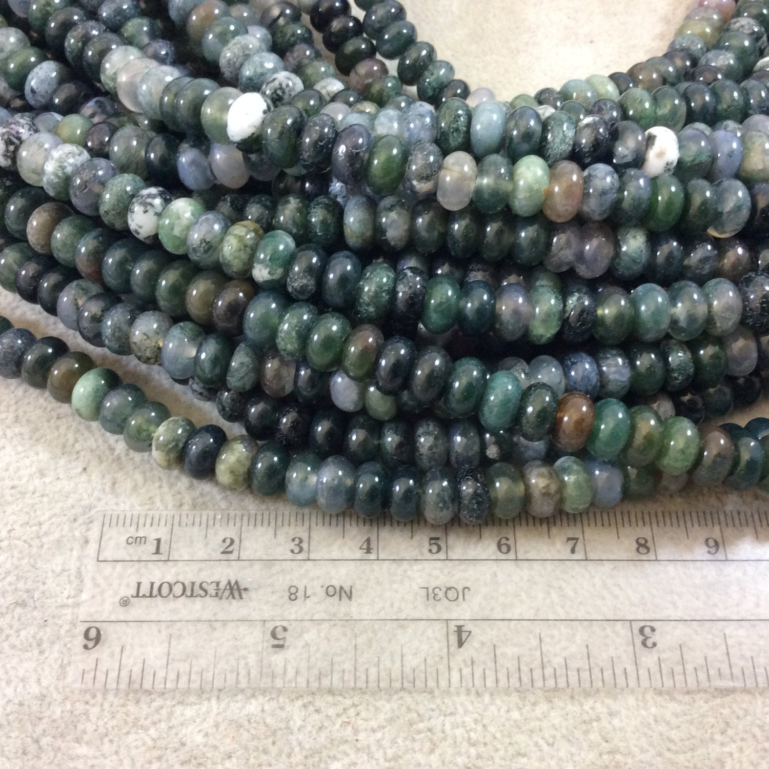 5mm x 8mm Smooth Finish Natural Green Moss Agate Rondelle Shaped Beads with 1mm Holes - Sold by 15.5" Strands (Approximately 80 Beads)