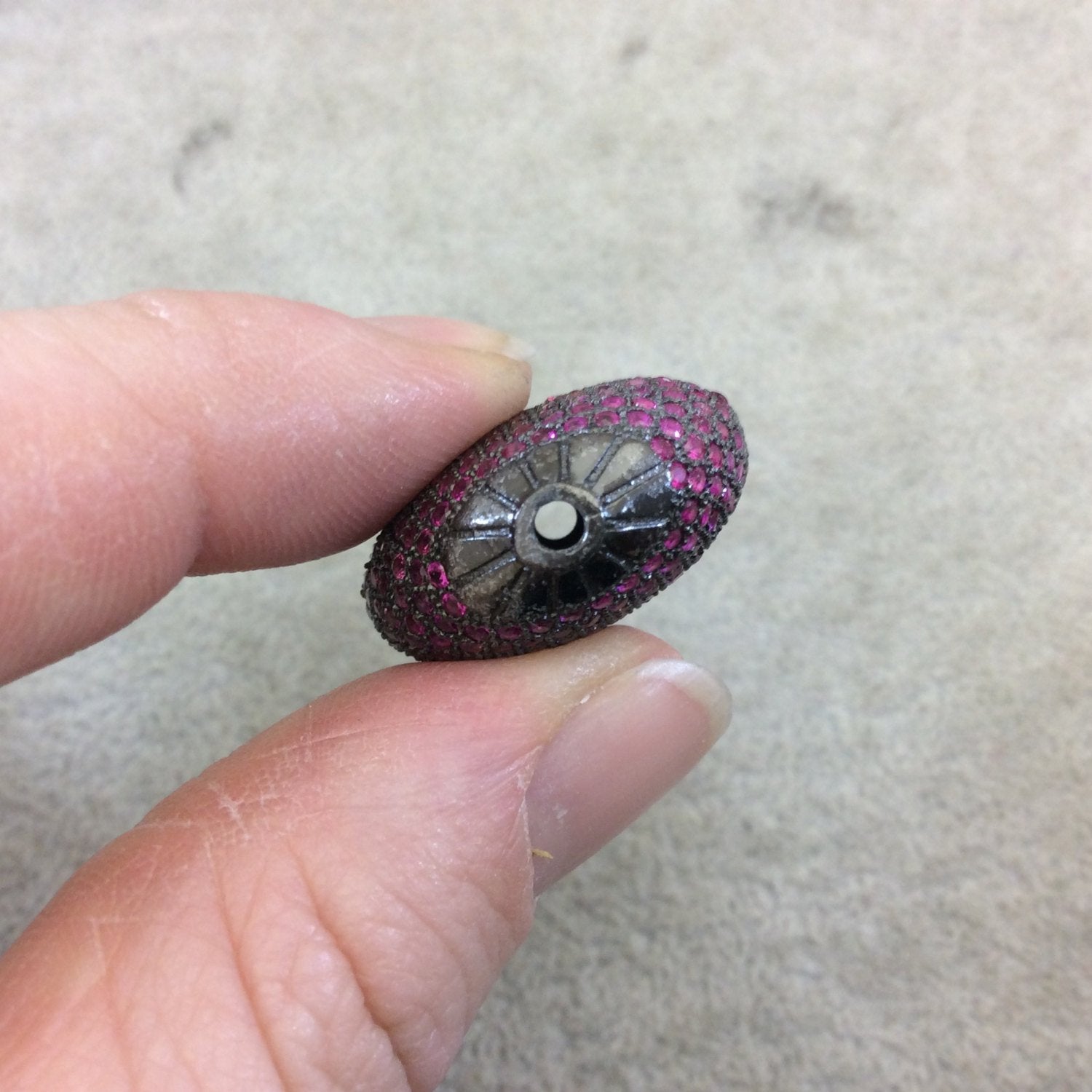 Gunmetal Plated Fuchsia CZ Cubic Zirconia Inlaid Puffed Coin Shaped Copper Bead - Measuring 25mm x 25mm  - See Related for Other Colors!