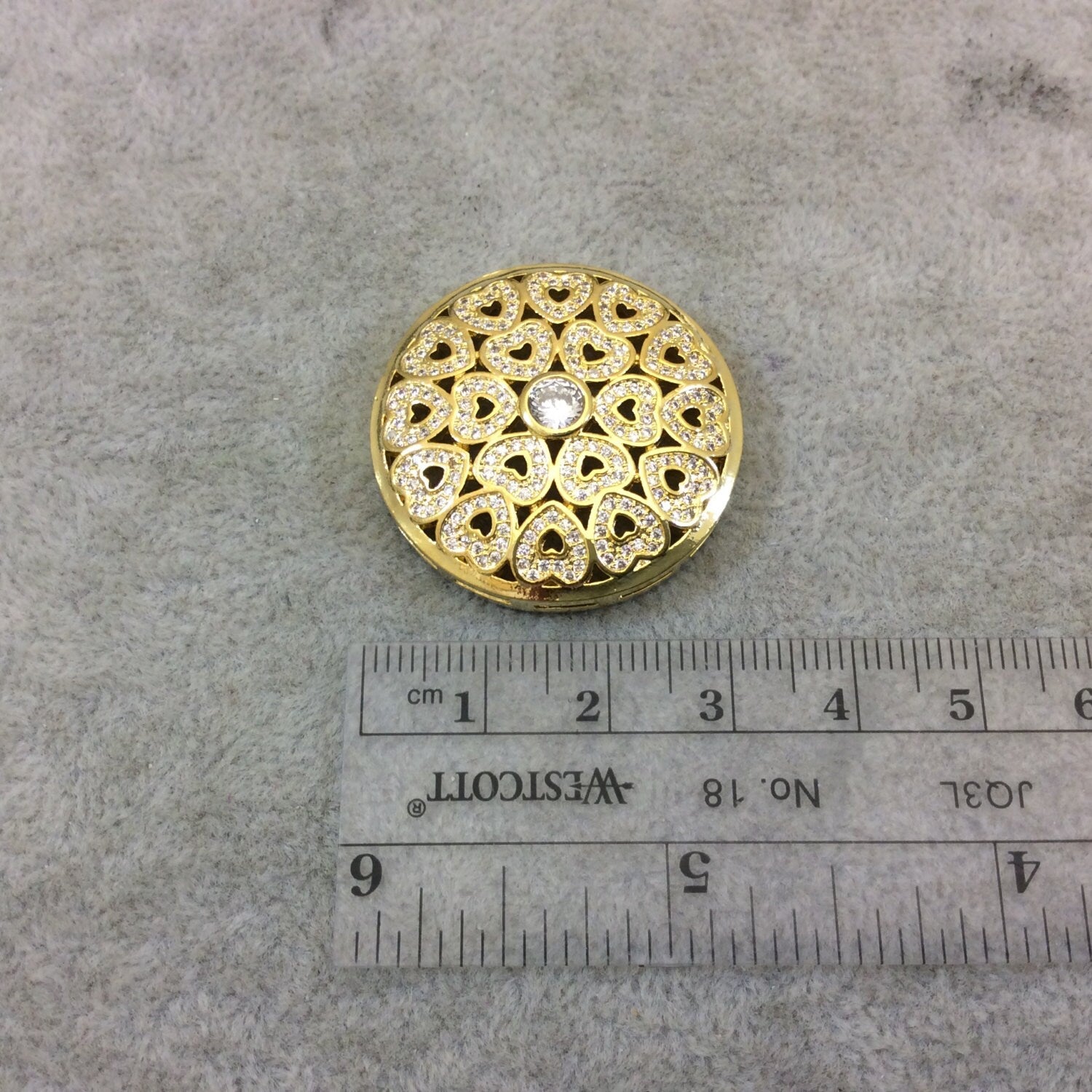 Gold Plated White CZ Cubic Zirconia Inlaid Fancy/Ornate Heart Designed Open Round/Coin Shaped Copper Slider - Measuring 32mm x 32mm