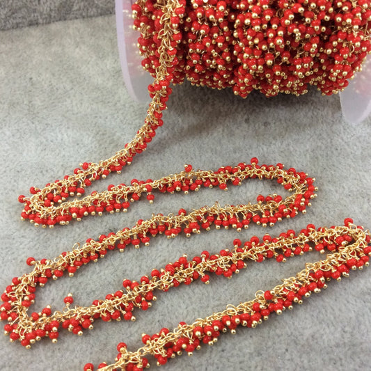 Gold Plated Copper Double Dangle Rosary Chain with 2mm Smooth Natural Red Coral Rondelle Beads - Sold by 1' Cut Sections or in Bulk!