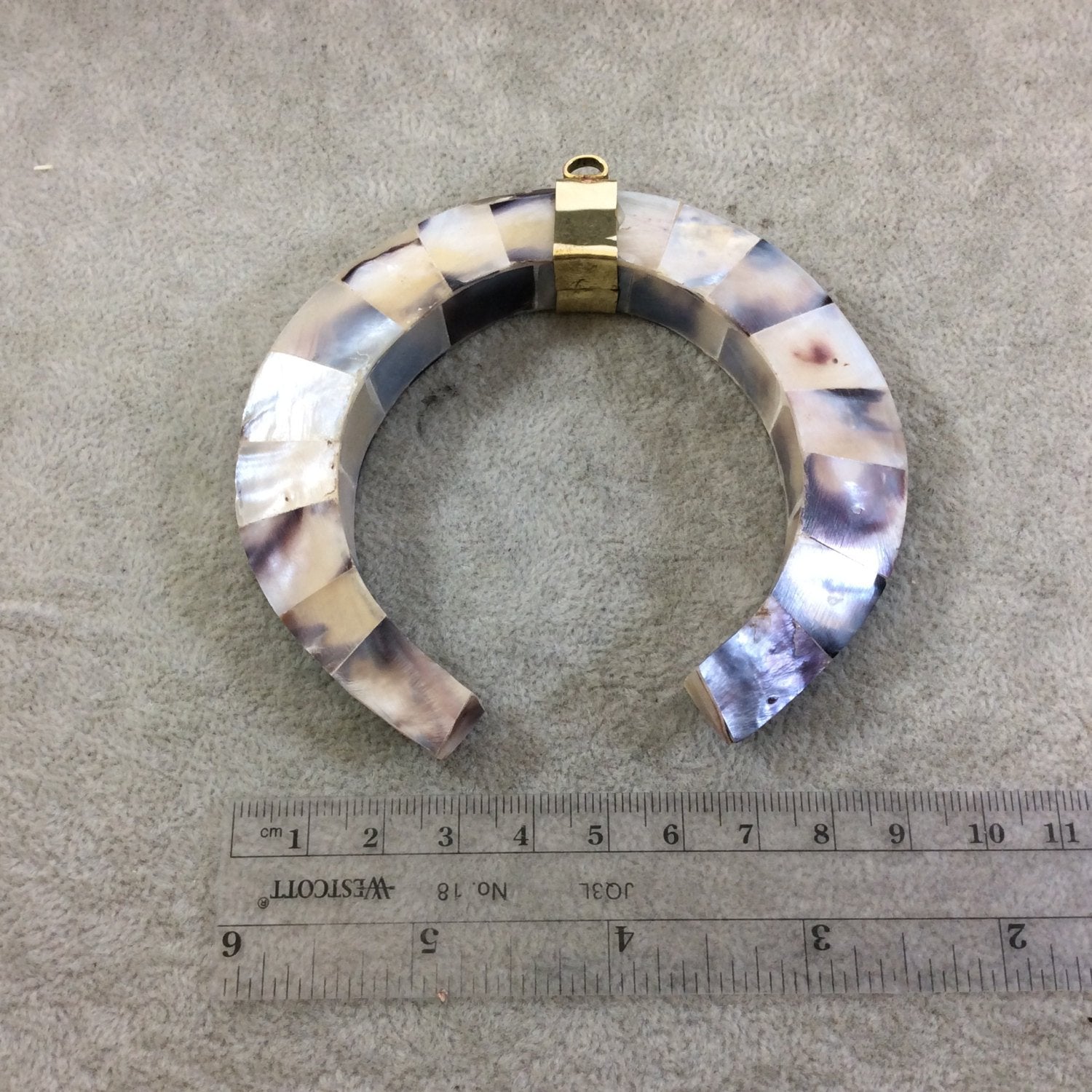 3.75" Iridescent Gray Double Ended Crescent Shape Natural Abalone Pendant with Plain Gold Plated Bail - Measuring 93mm x 85mm