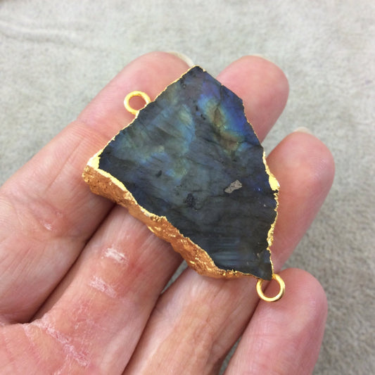 OOAK Gold Plated MATTE Natural Raw Iridescent Rainbow Labradorite Freeform Shaped Slice Connector - Measuring 32mm x 38mm, Approximately