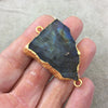 OOAK Gold Plated MATTE Natural Raw Iridescent Rainbow Labradorite Freeform Shaped Slice Connector - Measuring 32mm x 38mm, Approximately